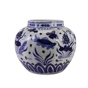 RXBA12 Jingdezhen hand painted blue and white fish and alga pattern pumpkin shape ceramic vase