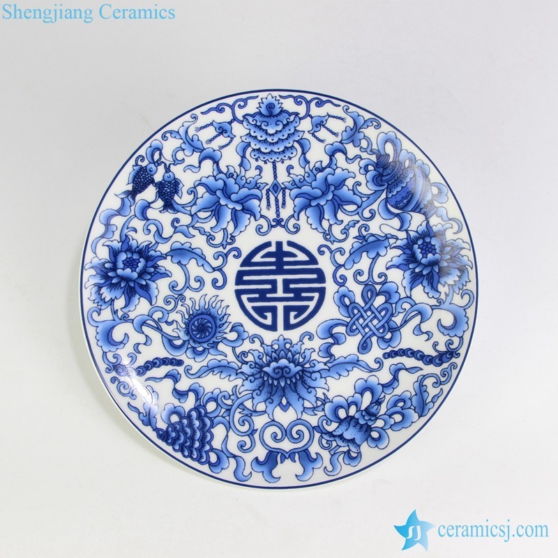 RZMP01    Chinese 8 treasures pattern blue and white ceramic plate for exhibition