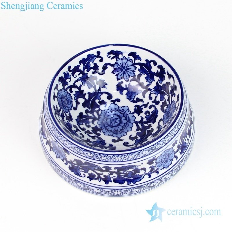 RYPU53 Blue and white floral ceramic pet food bowl