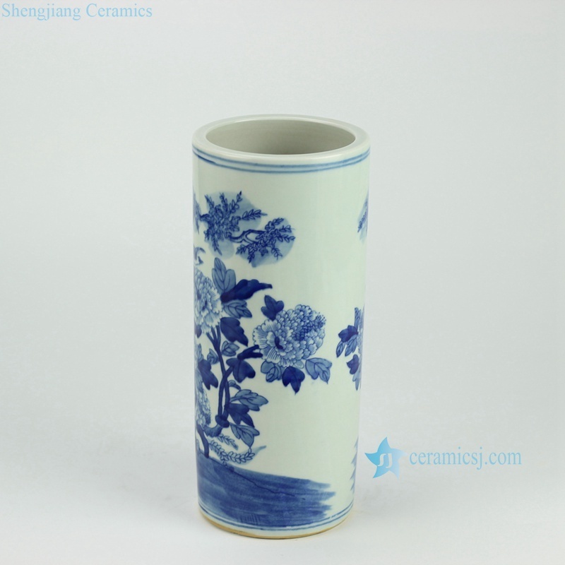 RYWD14 Blue and white straight slim tube shaped hand paint bird floral pattern chinaware quvier umbrella container