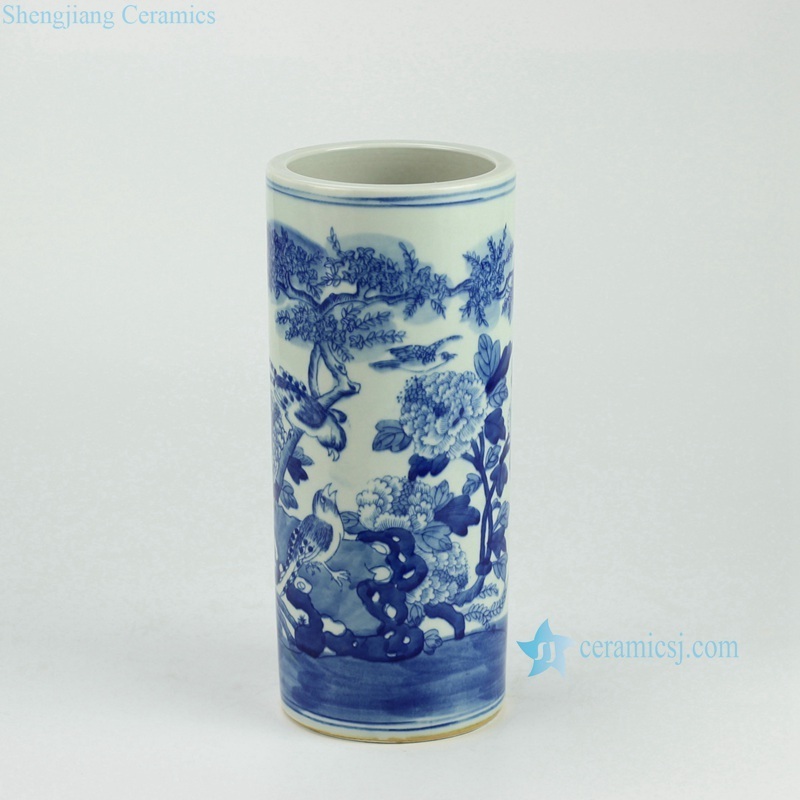 RYWD14 Blue and white straight slim tube shaped hand paint bird floral pattern chinaware quvier umbrella container