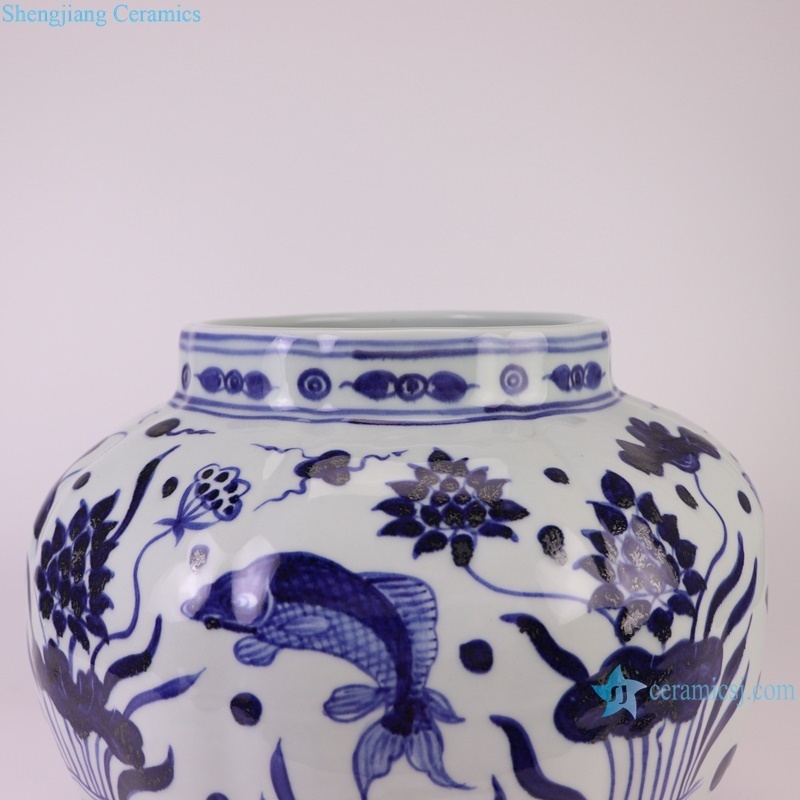 RXBA12 Jingdezhen hand painted blue and white fish and alga pattern pumpkin shape ceramic vase