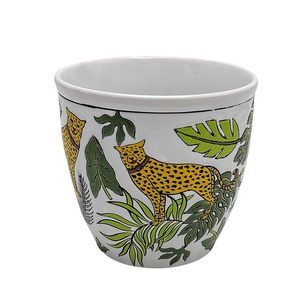 RXAW-XS231 Green and White color Glazed Green Leaf pattern Animal Tiger Ceramic flower pot Planters Pen holder