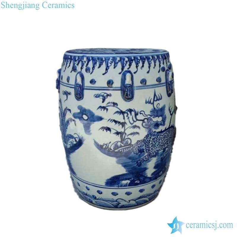 RZMo01 Blue and White Porcelain Garden Stools Chinese Traditional Landscape Pattern Drum Shaped Stool Chairs