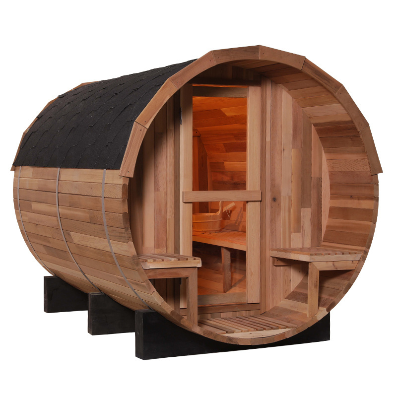 1800*1800mm 4 Person Outdoor Barrel Steam Sauna With Porch