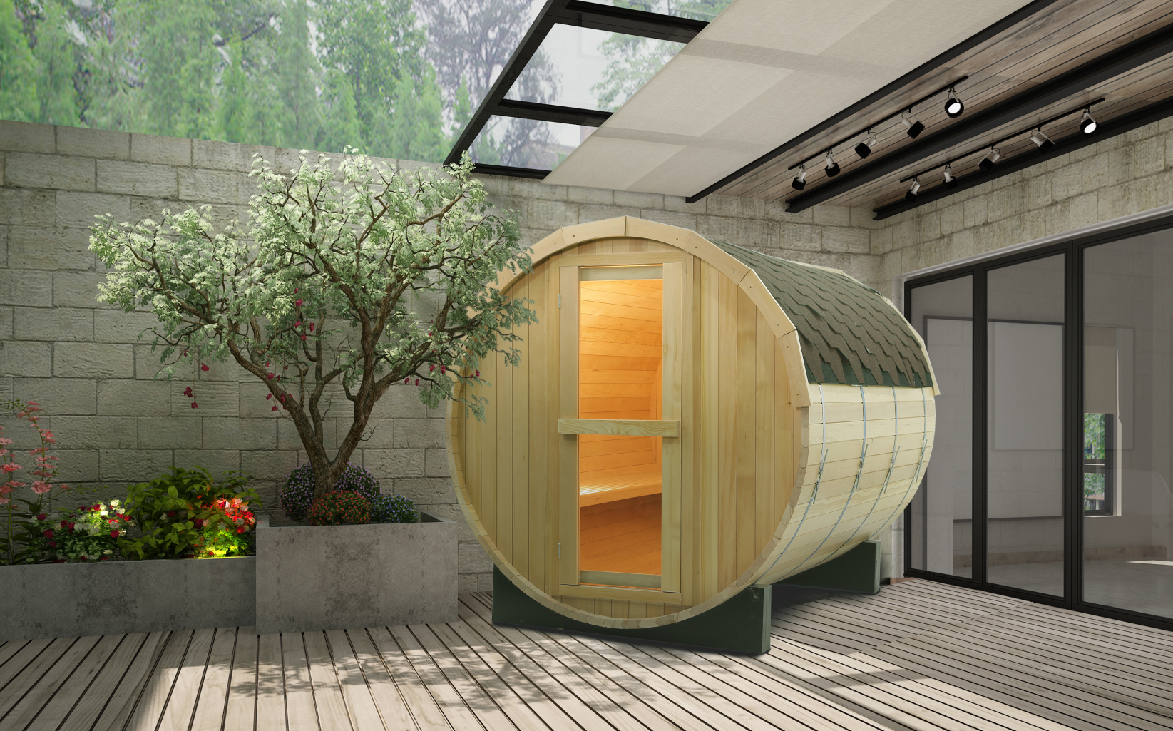 New Design Outdoor Traditional steam Wooden Barrel Sauna Room with Harvia Sauna Heater on Sales