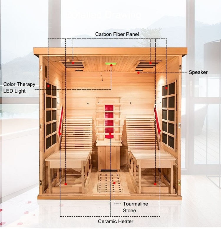 Solid Wood Indoor Low EMF Infrared Sauna Room 3 Person With Two Lounges