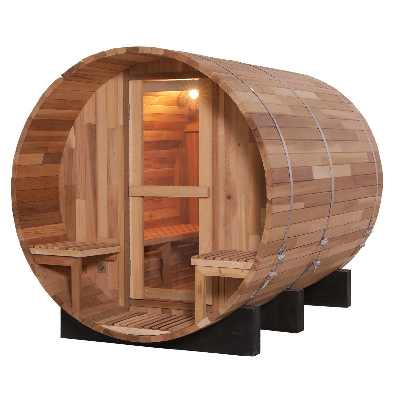 1800*1800mm 4 Person Outdoor Barrel Steam Sauna With Porch