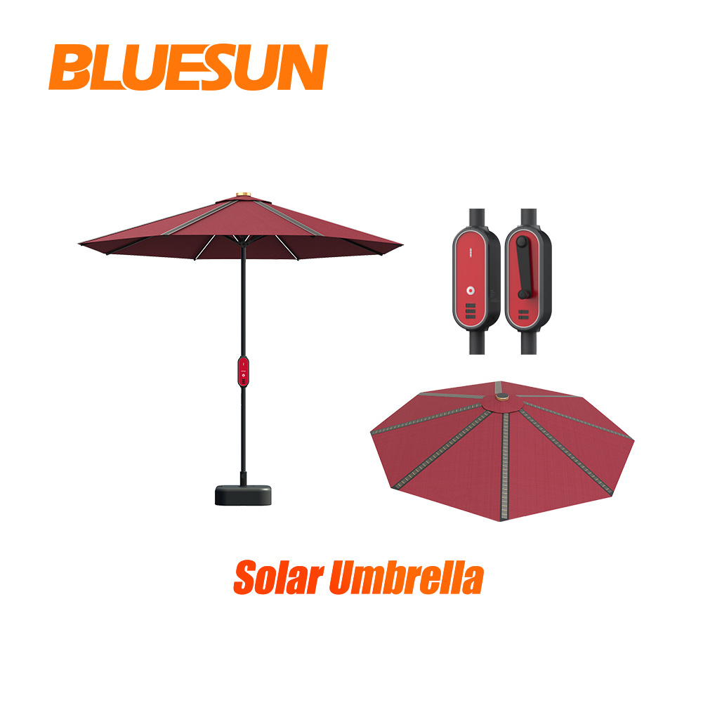 Bluesun Tthin film solar panel umbrella 5V DC pv modules outdoor beach solar umbrella with Battery Energy Storage