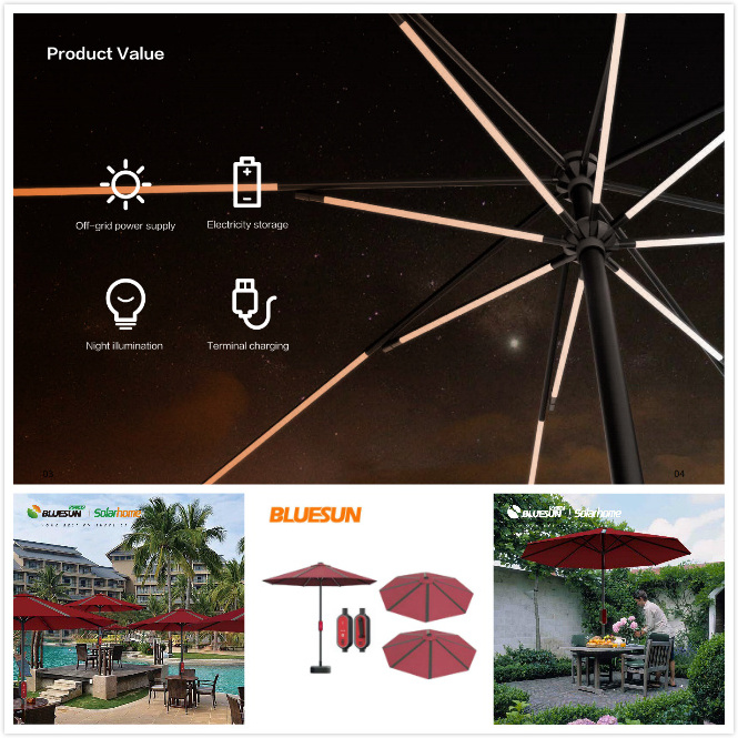 Bluesun Tthin film solar panel umbrella 5V DC pv modules outdoor beach solar umbrella with Battery Energy Storage