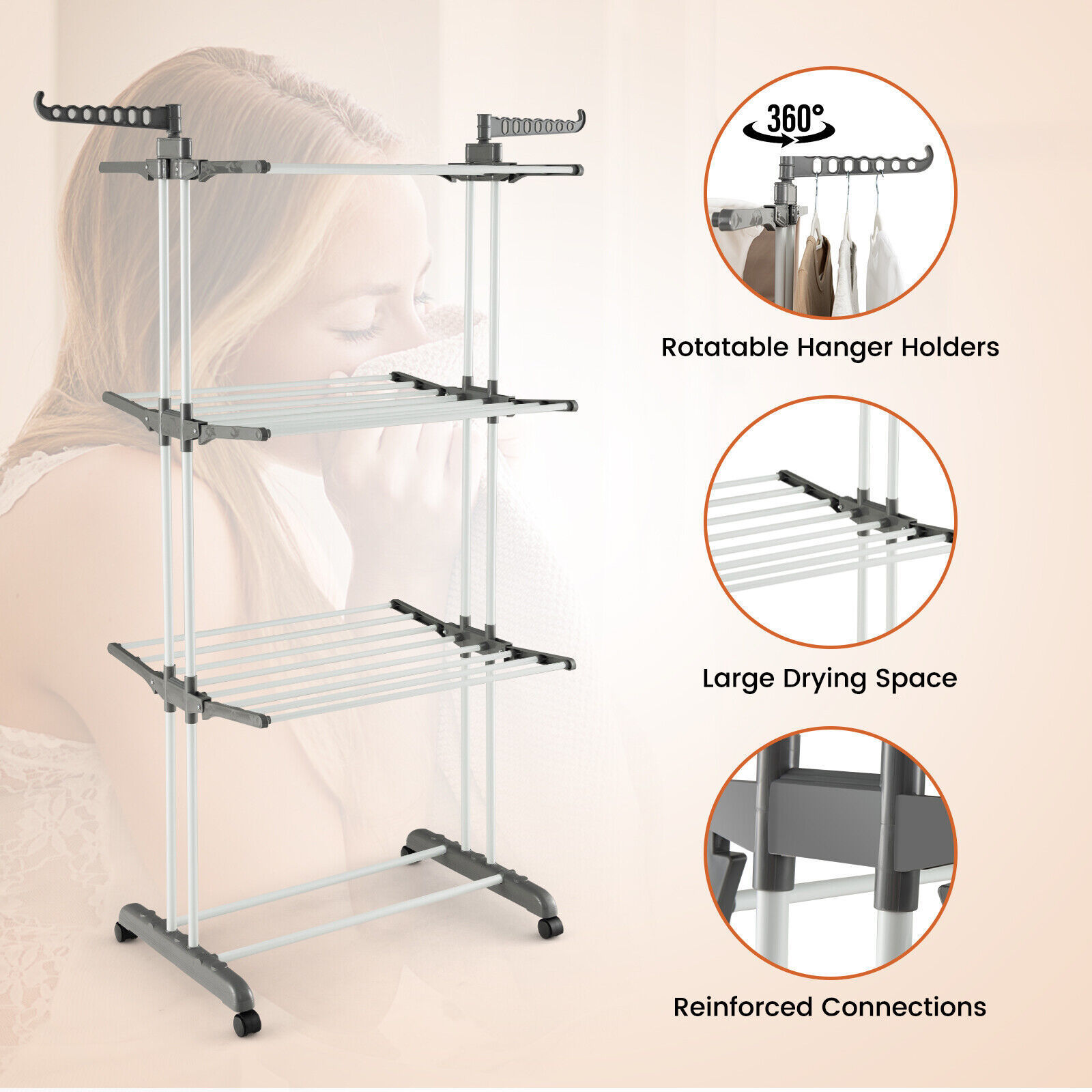 Folding 3-tier Clothes Drying Rack Collapsible Shelves & Rotatable Laundry Hanger Dryer For Home