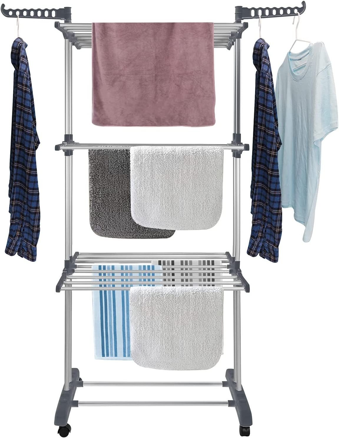 SOYOUNG 3 tier clothes drying rack stainless steel laundry garment dryer stand with two side wings grey