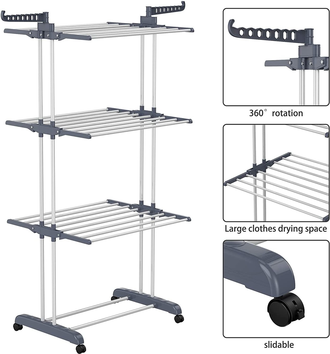 SOYOUNG 3 tier clothes drying rack stainless steel laundry garment dryer stand with two side wings grey