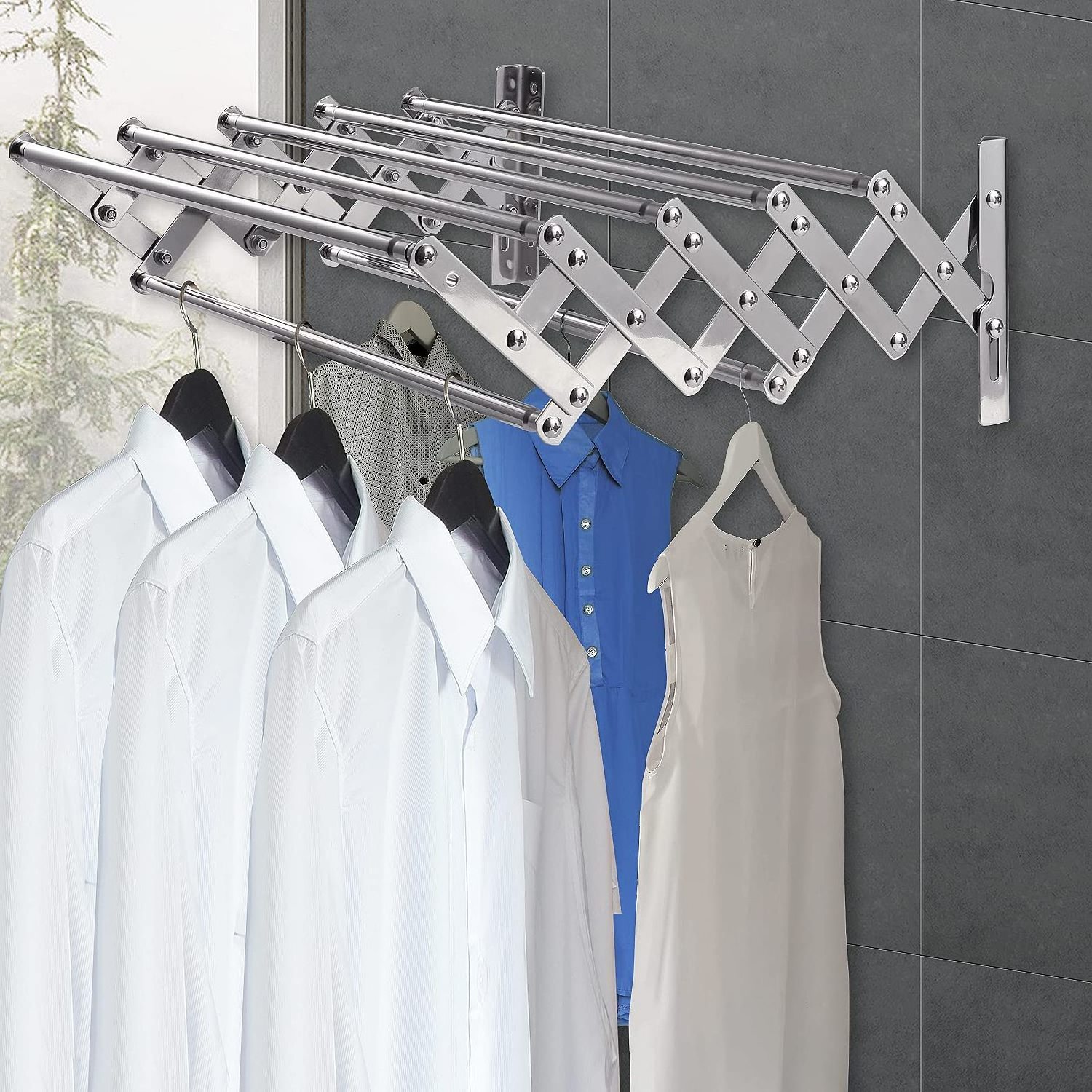 Bathroom accordion retractable stainless steel clothes drying rack wall mount towel racks space-saving