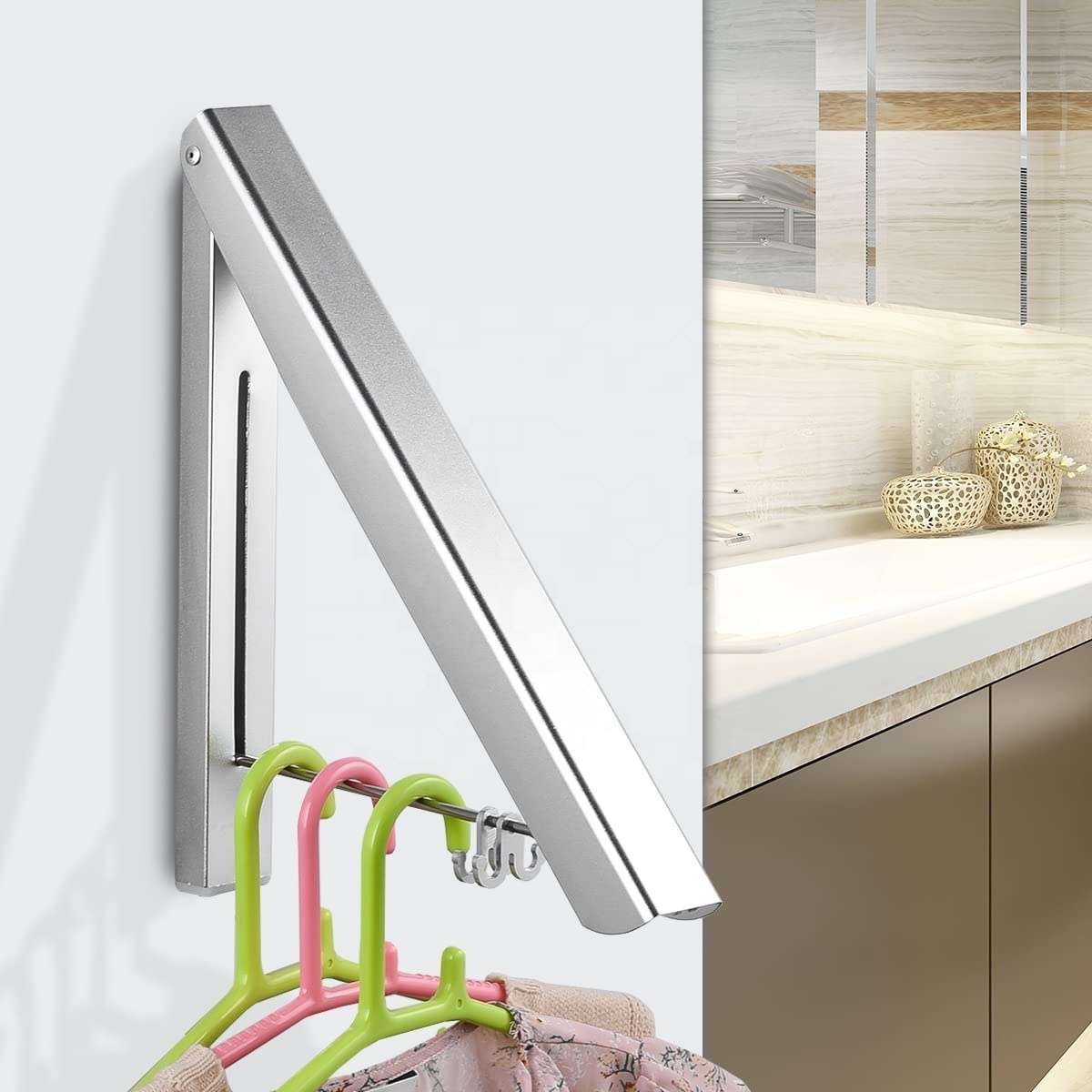 Folding Clothes Hanger Wall Mounted Retractable Laundry Room Organizer Drying Rack Hanging