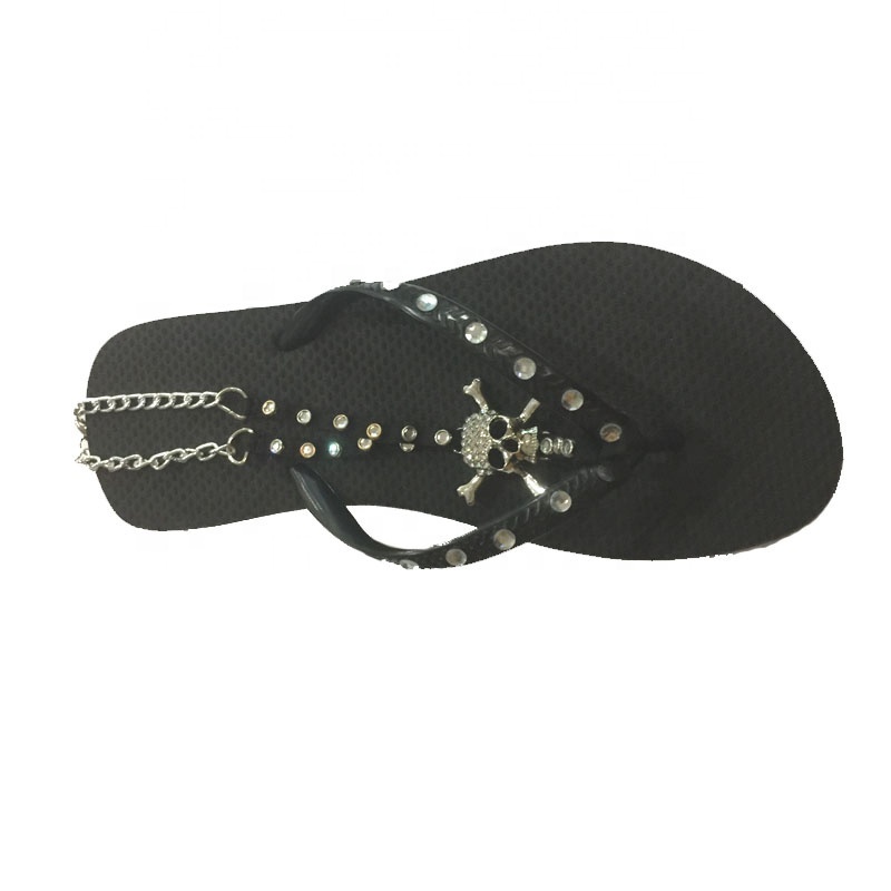 OEM summer outdoor rhinestone indoor unisex slippers PVC flip flops elastic band skull cross bone EVA foot bed crystal sandals