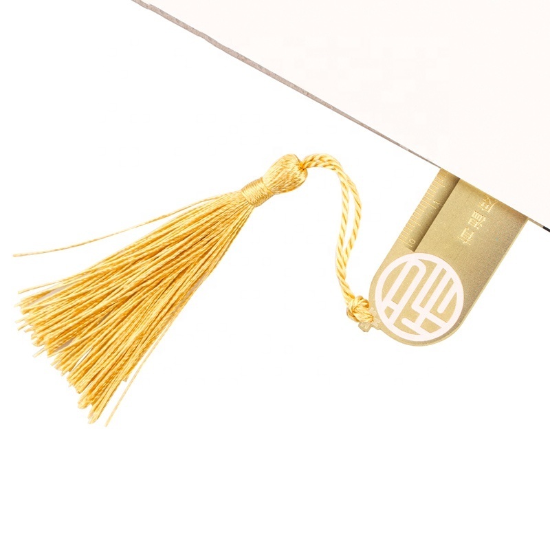 Factory wholesale custom UV printing gold brass bookmark ruler with tassels