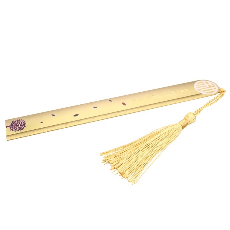 Factory wholesale custom UV printing gold brass bookmark ruler with tassels