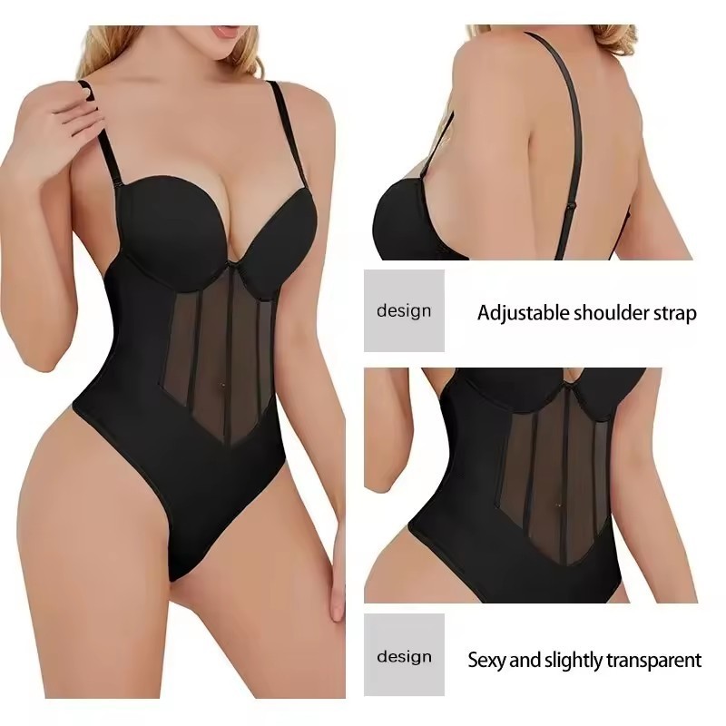 Plus Size S-xxxl Black Champagne Mesh Fabric Corset Bustier Top One-Piece Bodysuit Seamless Shapewear For Women