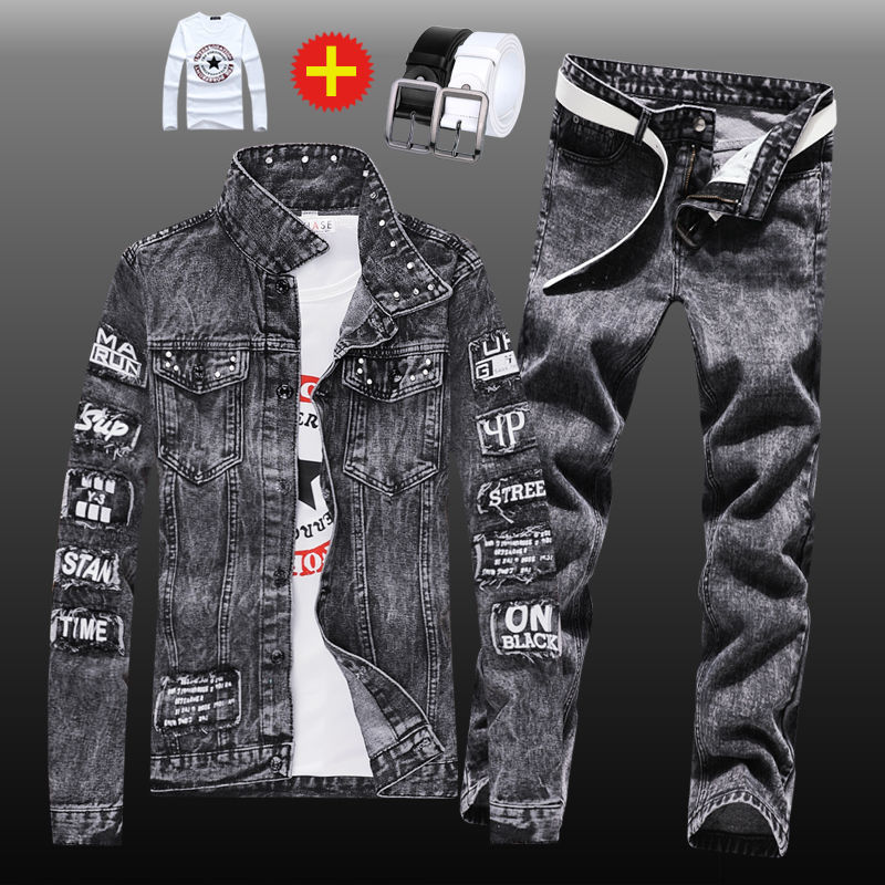 Jean Jacket for Men Classic Slimming Jacket with Holes Jeans Suit For Men Tracksuit 4 Pieces Set Autumn Winter