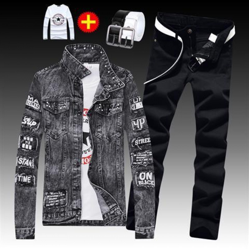 Jean Jacket for Men Classic Slimming Jacket with Holes Jeans Suit For Men Tracksuit 4 Pieces Set Autumn Winter