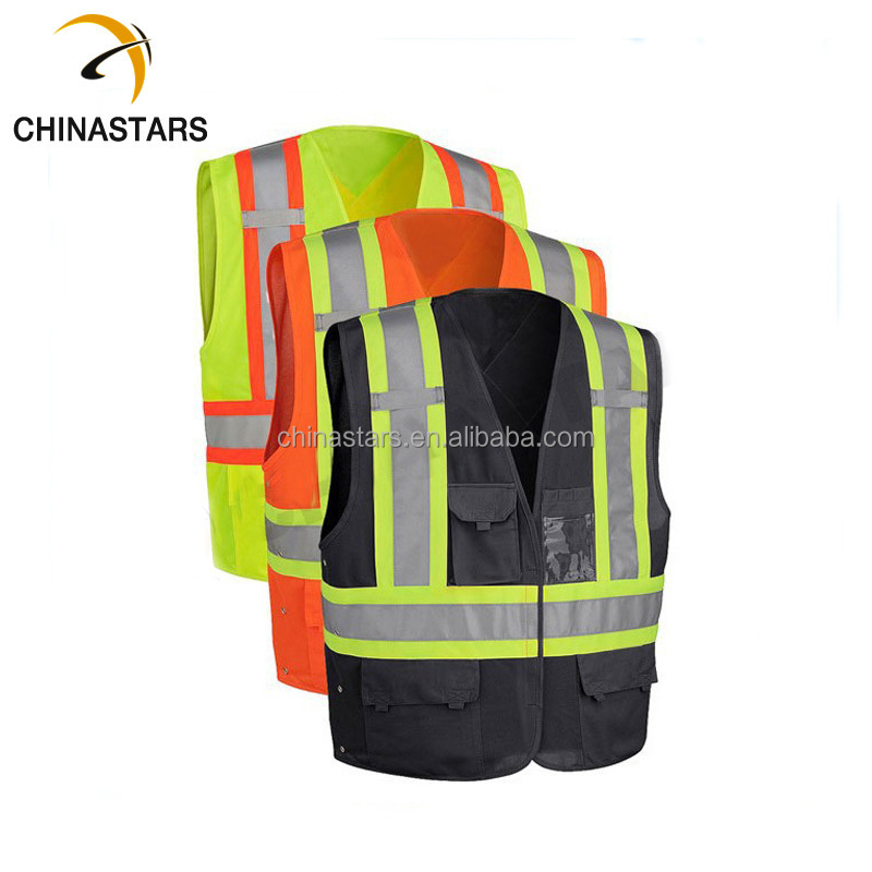 High visibility customized logo factory supply construction work wear black reflective safety vests