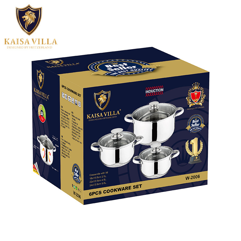 KAISA VILLA W2006 High Quality Stainless Steel Cooking Pots 8 Pcs Sets Kitchen Pot Cooking 5 ply Bottom With Glass Lid