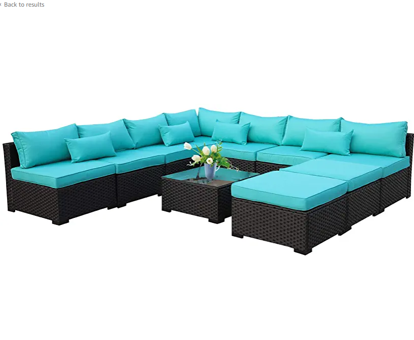 10 Piece Patio Sectional Furniture Set Outdoor PE Wicker Rattan Conversation Sofa Garden Set with Turquoise Cushion