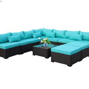 10 Piece Patio Sectional Furniture Set Outdoor PE Wicker Rattan Conversation Sofa Garden Set with Turquoise Cushion