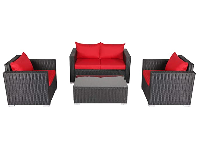 Outdoor Patio Furniture Wicker Rattan Sofa Set Red Modern Garden Furniture Luxury Patio Sofa Set 4 Seater Wicker Sofa With Table