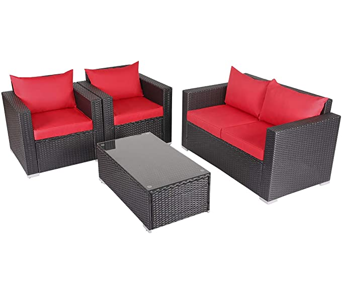 Outdoor Patio Furniture Wicker Rattan Sofa Set Red Modern Garden Furniture Luxury Patio Sofa Set 4 Seater Wicker Sofa With Table