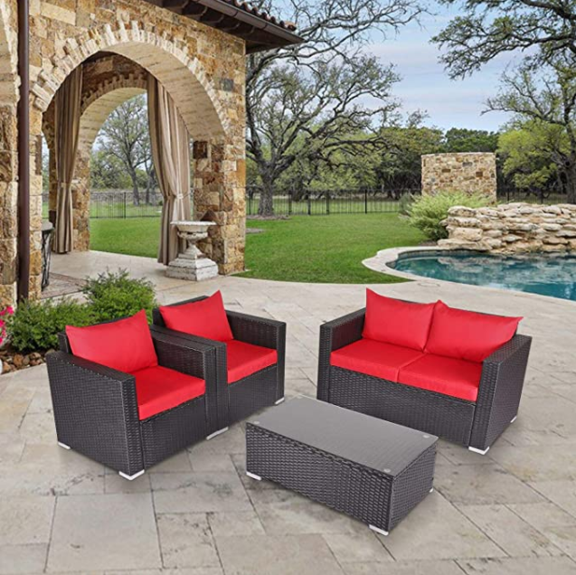 Outdoor Patio Furniture Wicker Rattan Sofa Set Red Modern Garden Furniture Luxury Patio Sofa Set 4 Seater Wicker Sofa With Table