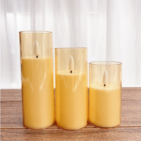 Yellow Glass Flameless Candles Amber Flat Mouth Bullet Head Flickering LED Pillar Candles Real Wax Wick for birthday party