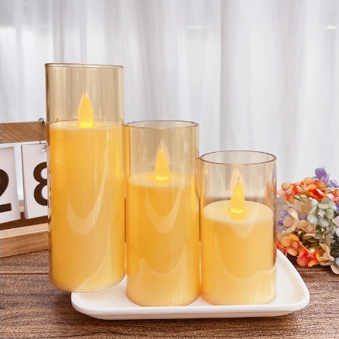 Yellow Glass Flameless Candles Amber Flat Mouth Bullet Head Flickering LED Pillar Candles Real Wax Wick for birthday party