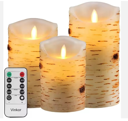 Birch Wood Flameless Pillar Candles with Remote, Flickering LED Wax Battery Candles Set of 3, Christmas Fall Decorative Candles