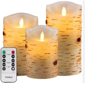 Birch Wood Flameless Pillar Candles with Remote, Flickering LED Wax Battery Candles Set of 3, Christmas Fall Decorative Candles