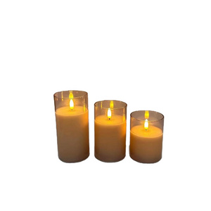 Yellow Glass Flameless Candles Amber Flat Mouth Bullet Head Flickering LED Pillar Candles Real Wax Wick for birthday party