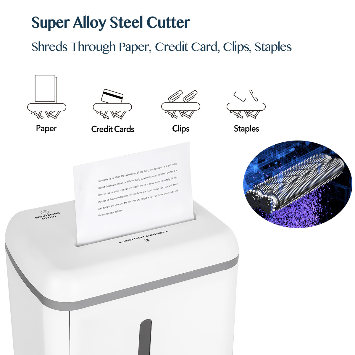 WOLVERINE 8-Sheet Super Micro Cut High Security Level P-5 Ultra Quiet Paper/Credit Card Home Office Shredder SD9101 White