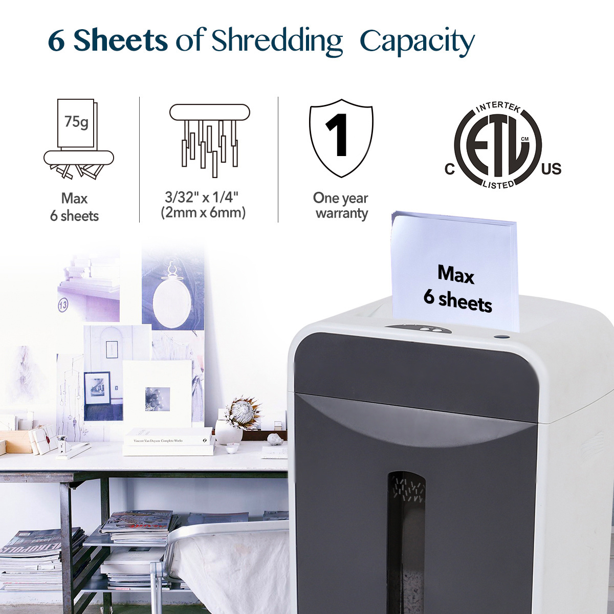 WOLVERINE 6-Sheet 2x6mm Super Micro Cut High Security Level P-5 Ultra Quiet Paper/Credit Card Shredder for Home Office SD9610