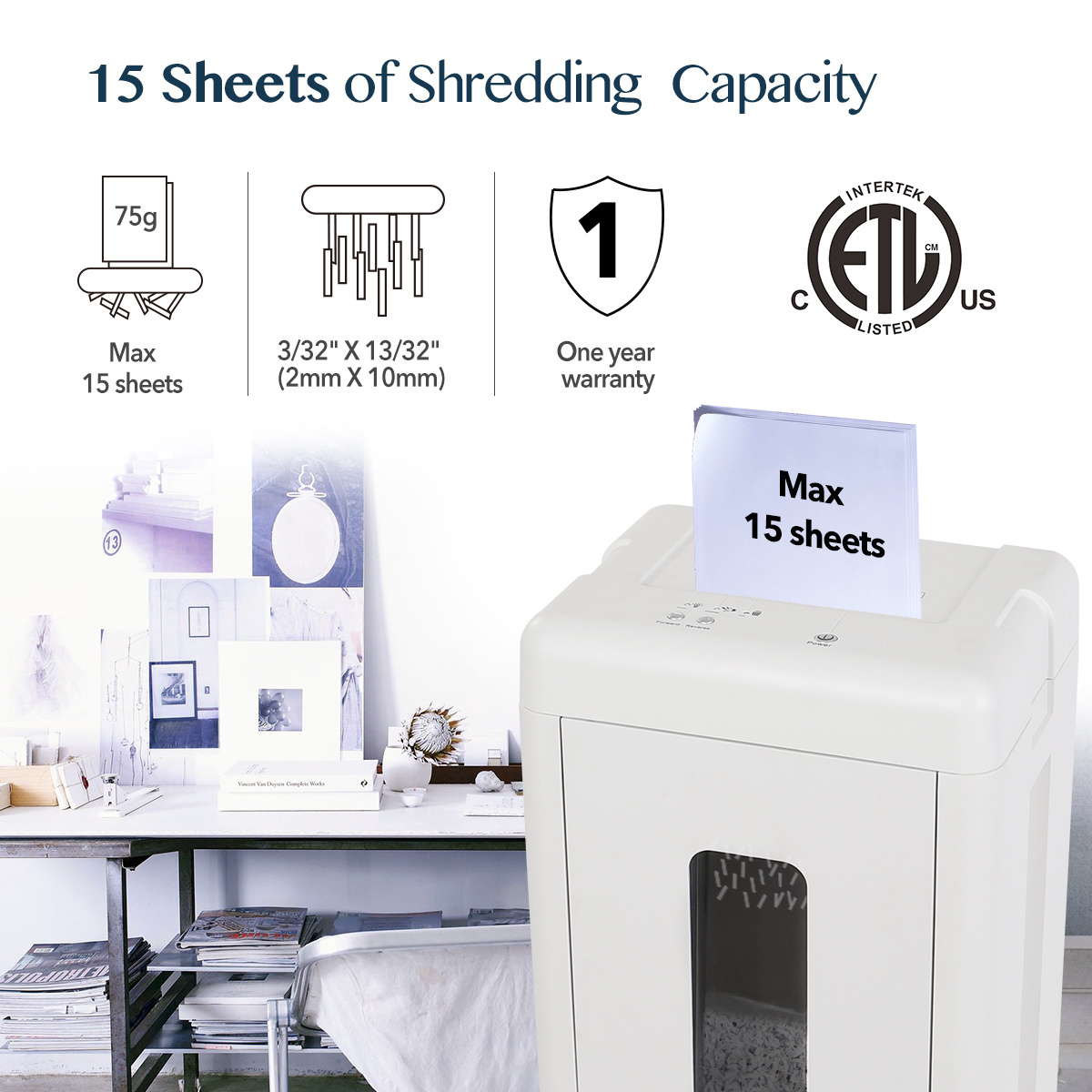 WOLVERINE 15-Sheet Super Micro Cut High Security Level P-5 Heavy Duty Shredder for Home Office White Manganese-Steel Cutter