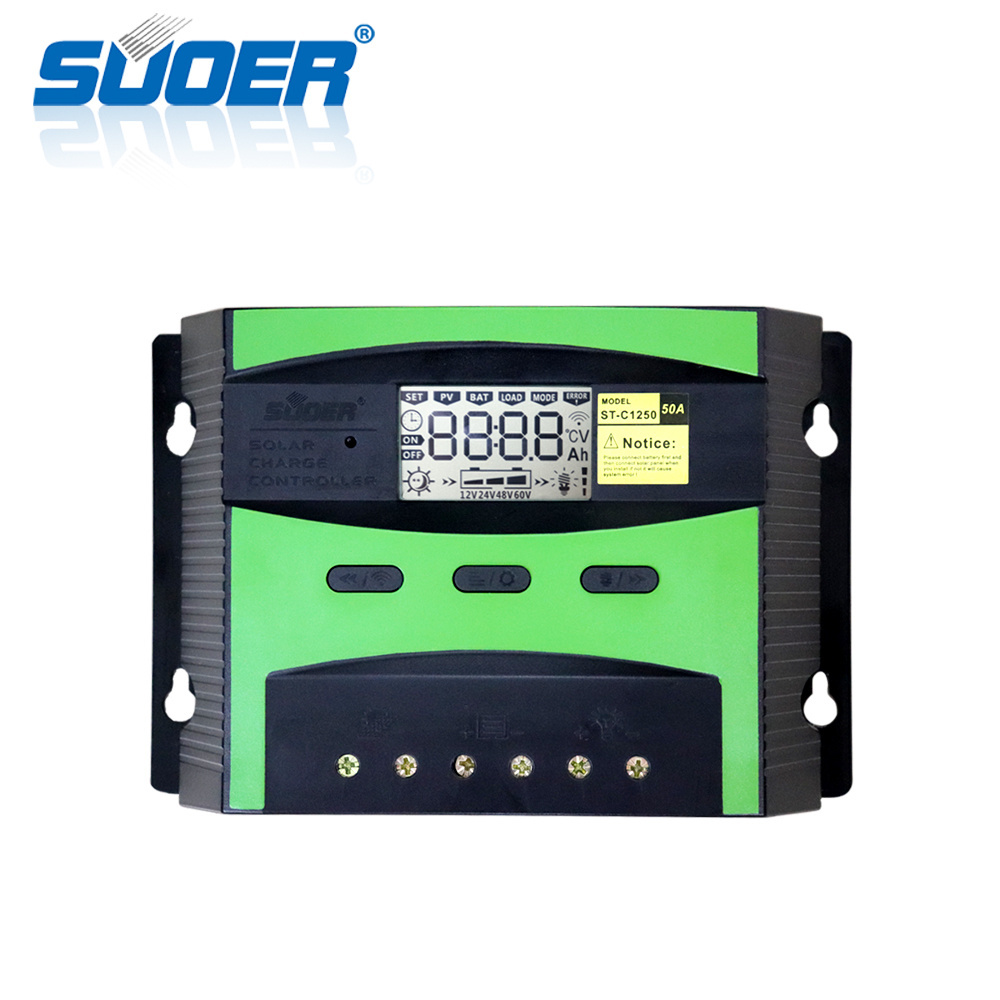 Suoer China 12V 24V 50A LCD solar panel system intelligent manual pwm solar charge controller