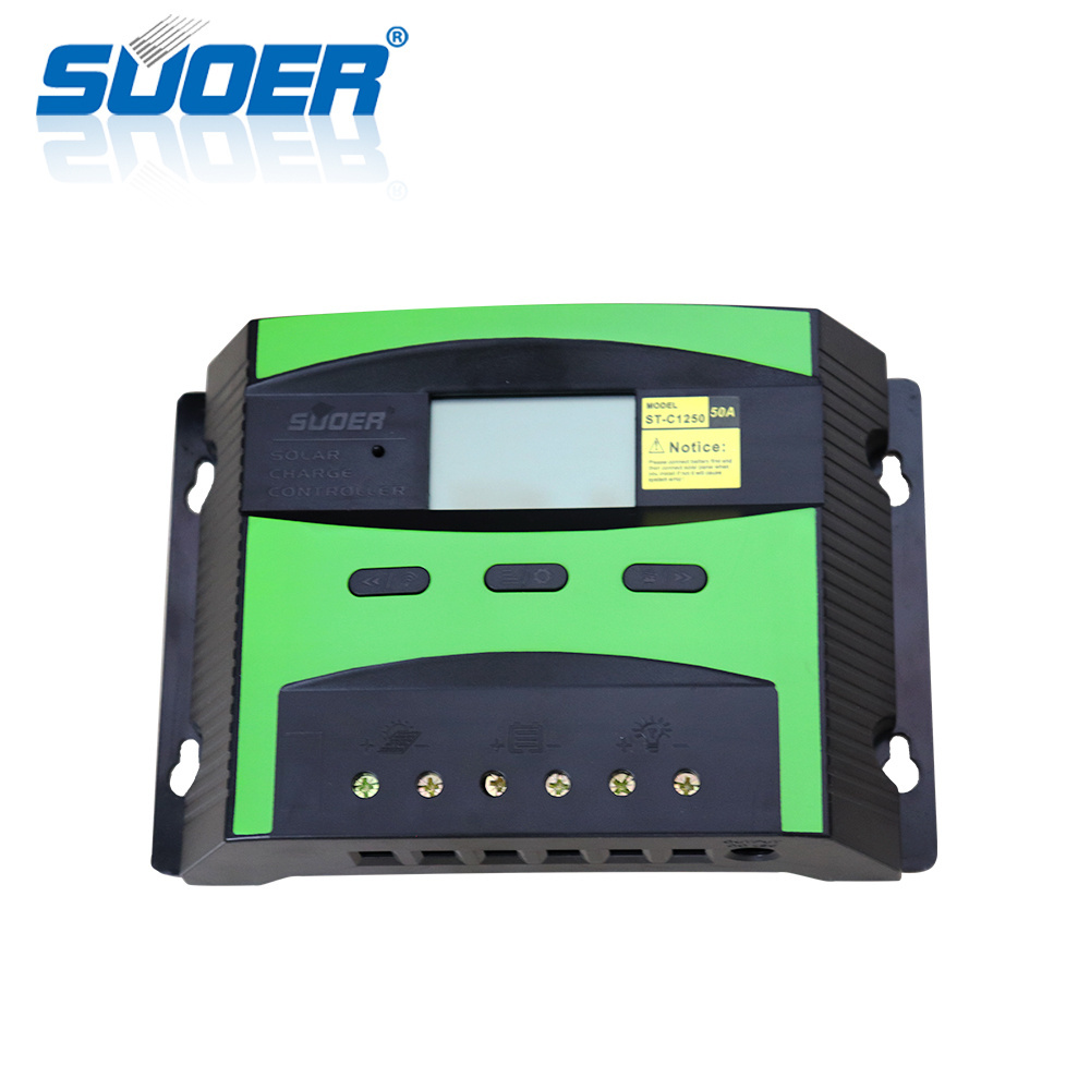 Suoer China 12V 24V 50A LCD solar panel system intelligent manual pwm solar charge controller