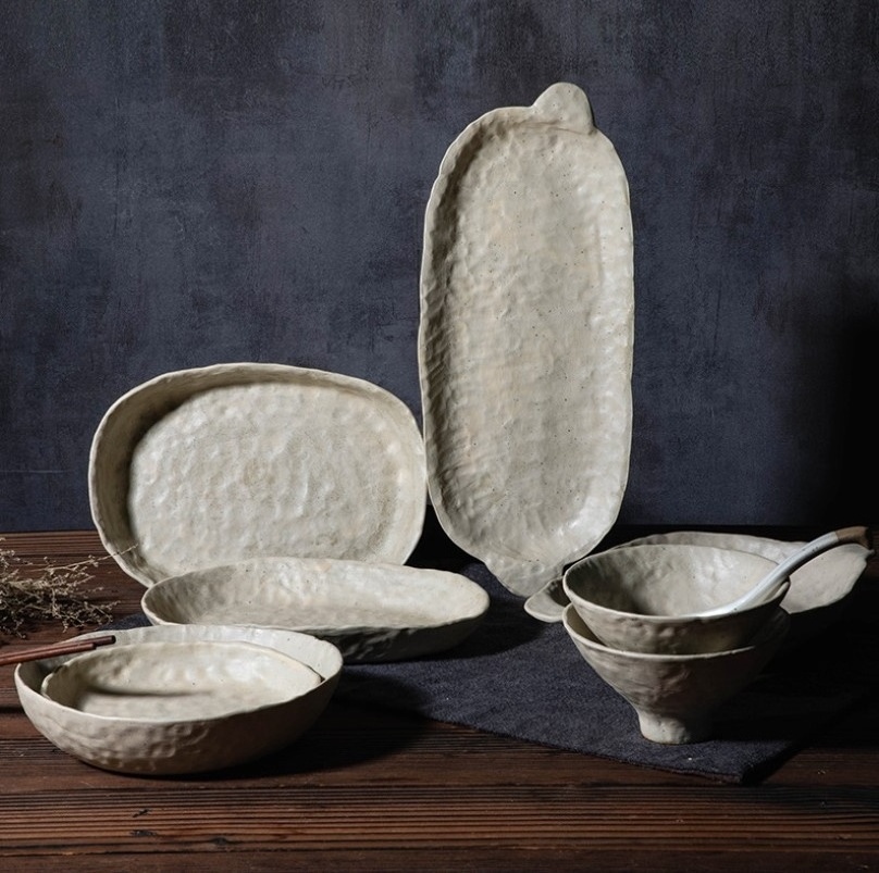 Irregular handmade ivory natural fine stoneware plate porcelain Japanese dinnerware set