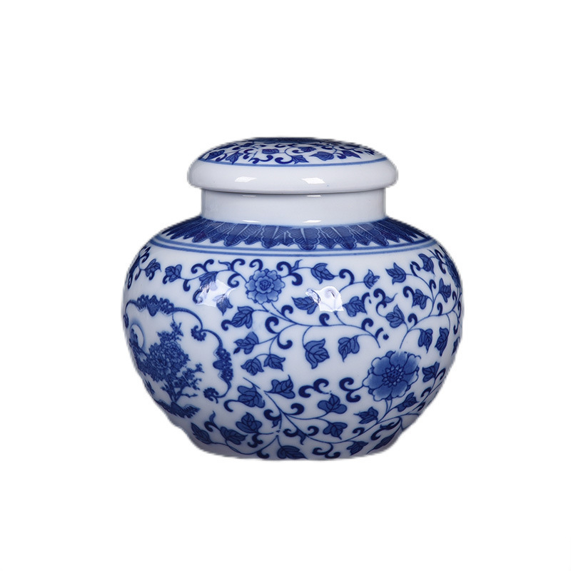 Wholesale blue and white porcelain small ceramic storage jar seal pot for tea coffee sugar canisters