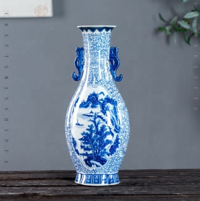 Chinese blue and white dubai elephant handle ceramic crazy unique floor vases for home decoration