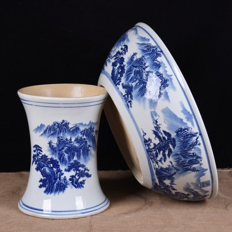 Creative blue and white large indoor plants pot ceramic clay pot for outdoor plants with holder