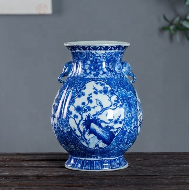 Chinese blue and white dubai elephant handle ceramic crazy unique floor vases for home decoration