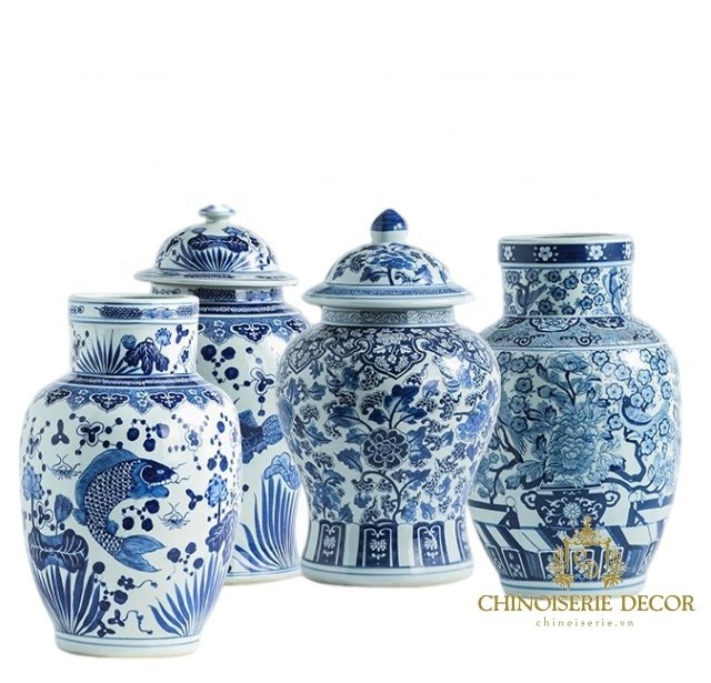 2022 new Designs blue and white ceramic round vase fish painted ginger jar for home decoration