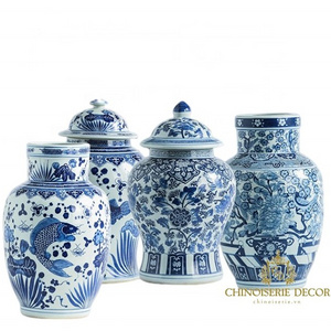 2022 new Designs blue and white ceramic round vase fish painted ginger jar for home decoration