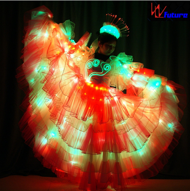 Beautiful  flower parade Spanish LED dance dress,LED carnival costumes, rave costume ballroom dancing long christmas dress